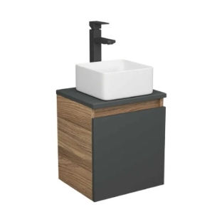 Тумба Bau Dream Blackwood 35 с ящиком, графит, раковина BAU Mini 37х23, смеситель для раковины высокий Hotel Black, черный, выпуск клик клак, черный