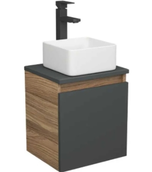 Тумба Bau Dream Blackwood 35 с ящиком, графит, раковина BAU Mini 37х23, смеситель для раковины высокий Hotel Black, черный, выпуск клик клак, черный