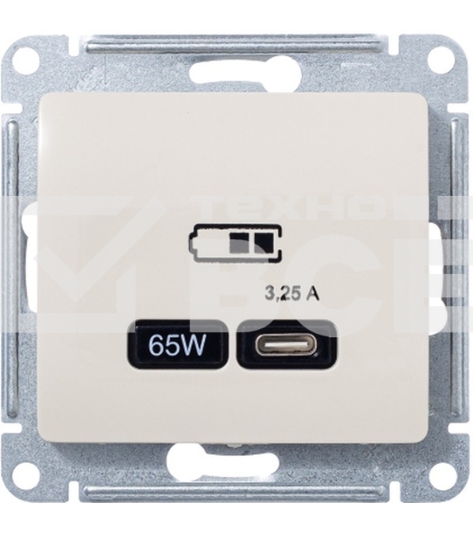 Розетка USB SE тип-C 65W высокоскор.заряд. QC, PD, мех. Glossa бежевый