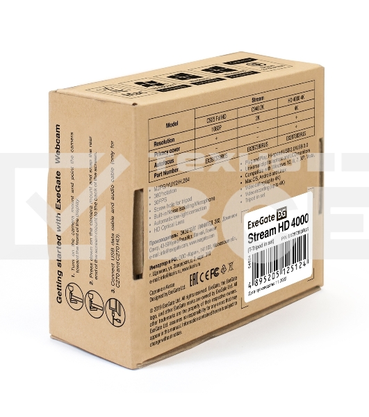 Веб-камера ExeGate Stream HD-4000 4K UHD AF (8Мп, 3840x2160, 30fps, автоматический фокус, поддержка H.264, защитная шторка, 4-линзовый объектив (стекло), стерео микрофон с шумоподавлением, универсальное крепление, USB, кабель 1,5 м, Windows 7/8/10/11, Mac