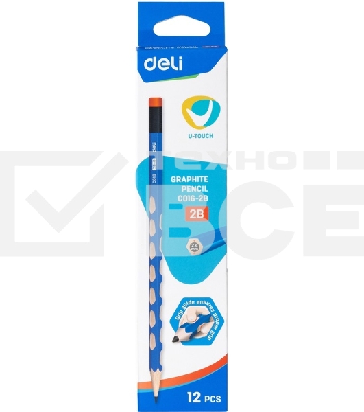 Карандаш чернографитный Deli EC016-2B U-Touch 2B, трехгранный, (12шт) ластик