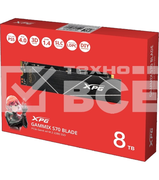 Накопитель SSD ADATA XPG GAMMIX BLADE S70, 8Tb, PCIe 4.0 x4, M.2 2280, NVMe, R/W 7300/6300