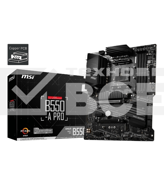 Материнская плата MSI B550-A PRO, AM4, AMD B550, 4xDDR4, 6xSATA, 2xM.2, 1xPCI-E 4.0 x16, 1xPCI-E 3.0 x16, 2xPCI-E x1, 1xHDMI, 1xDP, 1x 1Gb LAN, 4xUSB-A 2.0, 2xUSB-A 3.2 Gen 1, 1xUSB-A 3.2 Gen 2, 1xUSB-C 3.2 Gen 2, 6x3.5 мм, 7.1, ATX