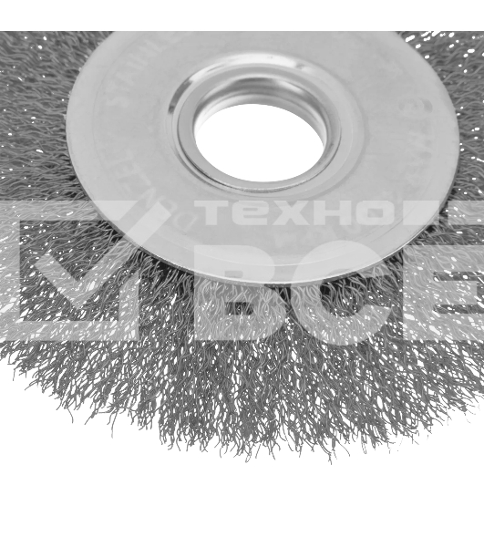 Щетка для УШМ Denzel 125 мм, плоская, витая нержавеющая проволока 0,3 мм, посадка 22,2 мм