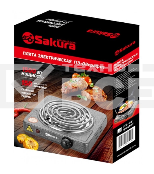 Плита настольная электрическая Sakura ПЭ-08 1500Вт 150мм 1конф/спир графит