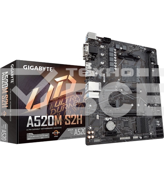 Материнская плата Gigabyte A520M S2H, AM4, AMD A520, 2xDDR4, 4xSATA, 1xM.2, 1xPCIe 3.0 x16, 2xPCIe x1, 1xHDMI, 1xDVI-D, 1xVGA, 1x 1Gb LAN, 4xUSB-A 3.2 Gen 1, 2xUSB-A 2.0, 3x3.5 мм, 7.1, mATX