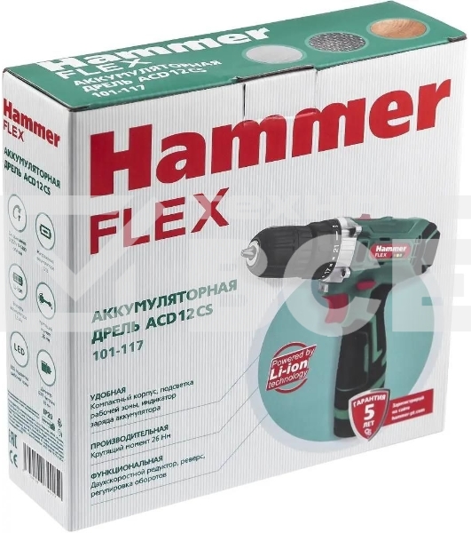 Дрель-шуруповерт аккумуляторная Haммer ACD12CS, Аккумуляторная, 12В