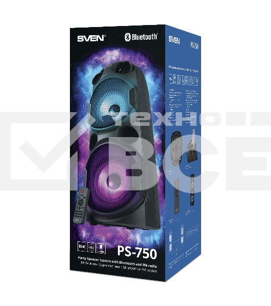 Колонка АС Sven PS-750, черный (80 Вт, TWS, Bluetooth, FM, USB, microSD, LED-дисплей, 2х4400мА*ч)
