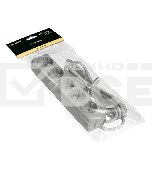 Удлинитель ExeGate ECE-5-1.8G (EX285820RUS), серый, 1,8 м, евровилка с заземлением, 5 евророзеток с заземлением, 2200 Вт