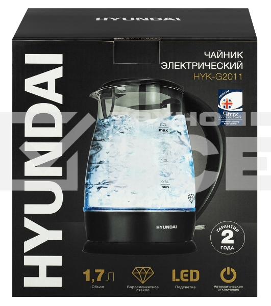 Чайник электрический Hyundai HYK-G2011 1.7л. 2200Вт черный (корпус: стекло)