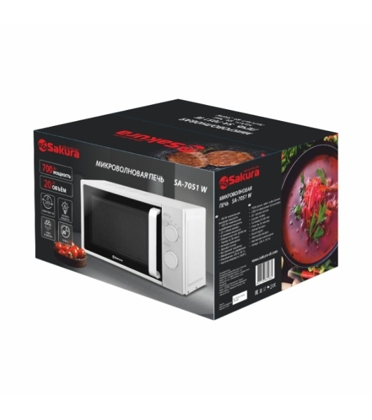Микроволновая печь Sakura SA-7051W белый, 20 л, 700 Вт, переключатели - поворотный механизм