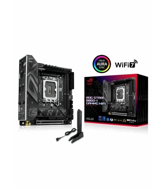 Материнская плата ASUS ROG STRIX B860-I GAMING WIFI, LGA1851, Intel B860, 2xDDR5, 4xSATA, 2xM.2, 1xPCIe 5.0 x16, 1xDP, 1xHDMI, 1xThunderbolt 4, 1x2.5Gb LAN, Wi-Fi 7, 2xUSB 2.0, 3xUSB 3.2 Gen 1, 1xUSB 3.2 Gen 2, 1xUSB 3.2 Gen 2x2, 1xUSB-C, 1xS/PDIF, 2x3.5 мм, 7.1, Mini-ITX