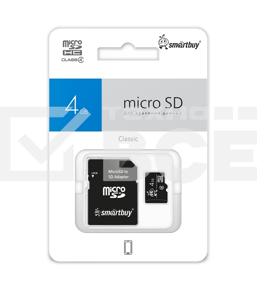 Флеш карта Micro SDHC 4Gb Smartbuy Сlass 4, адаптер в комплекте