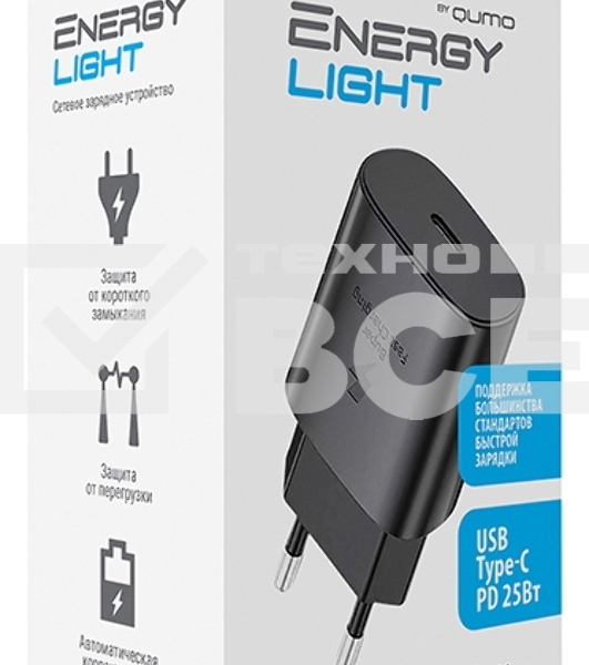 Сетевое зарядное устройство Qumo Energy light PD 25Вт, (модель 0102), порт: USB Type-C, черный