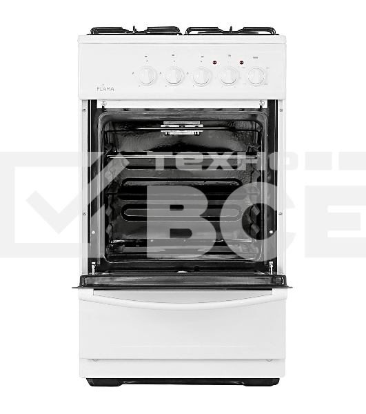 Плита комбинированная Flama RK 23-105 W белый, конфорок 4 шт, духовка 50 л, 50 см x 85 см x 60 см