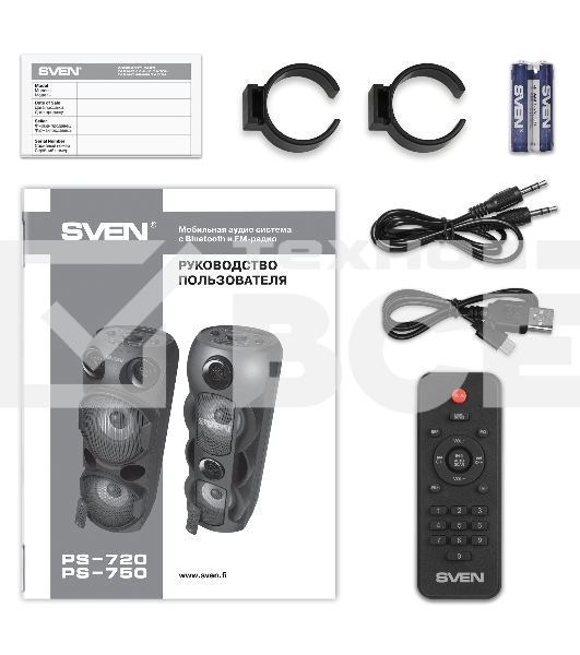 Колонка АС Sven PS-750, черный (80 Вт, TWS, Bluetooth, FM, USB, microSD, LED-дисплей, 2х4400мА*ч)