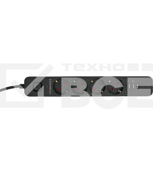 Сетевой фильтр Гарнизон 2.0 Мультипорт EPS-4-U3-B-2, 4 р, 10А, 3xUSB, 2м, ур.защиты 2+, черный, пакет