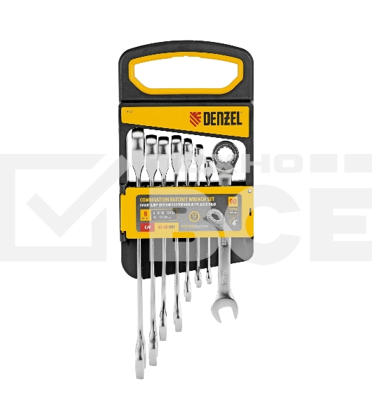 Набор ключей комбинированных трещоточных Denzel 6-19 мм, 8 шт., CrV, матовый хром 14721