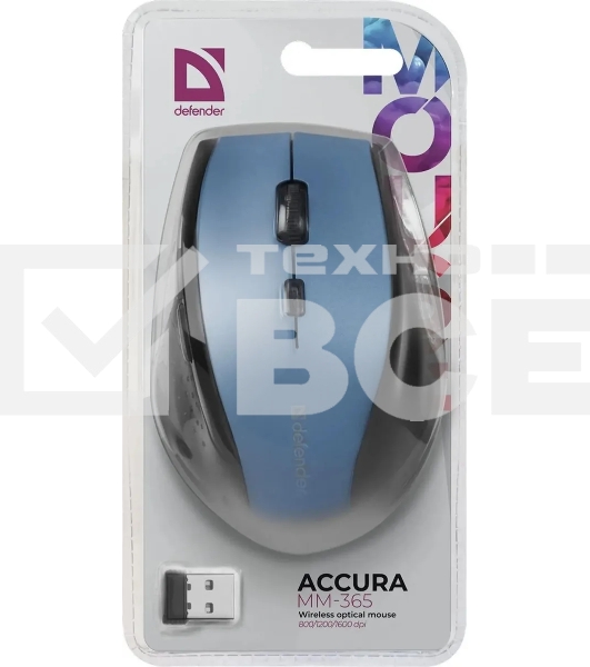 Мышь беспроводная Defender Accura MM-365 синий, 1600 dpi, радиоканал, USB, кнопки - 6