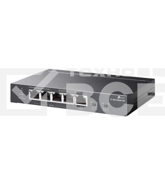 Коммутатор настольный TP-Link TL-SG1005P-PD с 5 гиг. портами (1 порт с входящим PoE++, 4 порта с исходящим PoE+), бюджет PoE: 9, 21, 47 или 66 Вт (зависит от используемого стандарта входящего PoE)