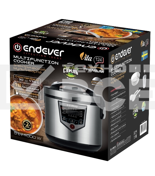 Мультиварка электрическая Endever Vita-124 черный/стальной, 1000 Вт, 5 л, 16 авторежимов работы, книга рецептов