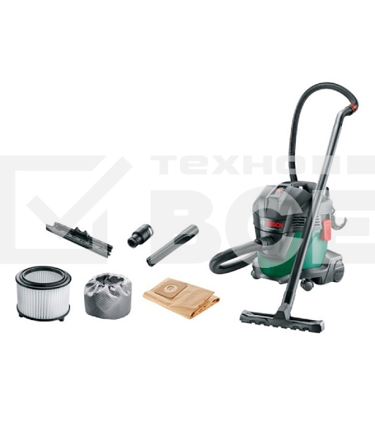 Строительный пылесос Bosch UniversalVac15 зеленый, 1000 Вт, уборка сухая/влажная, пылесборник контейнер, 15 л