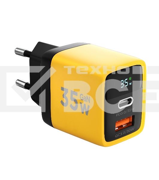 Зарядное устройство с дисплеем Cablexpert MP3A-PC-53, 35Вт GaN, QC3.0/PD3.0, 1хUSB, 1хType-C, желтый, коробка