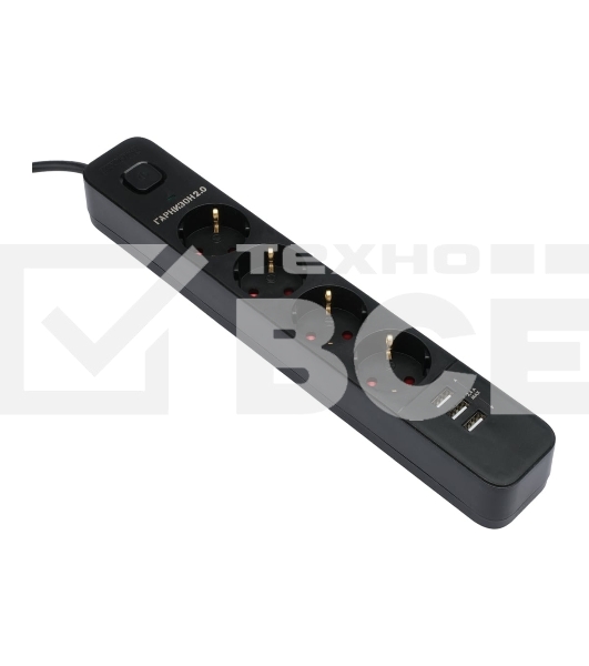 Сетевой фильтр Гарнизон 2.0 Мультипорт EPS-4-U3-B-2, 4 р, 10А, 3xUSB, 2м, ур.защиты 2+, черный, пакет