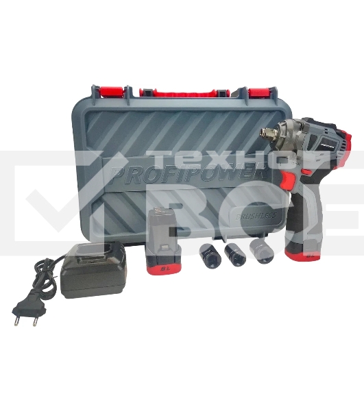 Аккумуляторный бесщеточный ударный гайковерт ProfiPower BL-163 (16В, 260Нм, Li-ion 2шт, 2.0А·ч, ударные головки 17,19,21, З/У,в кейсе)