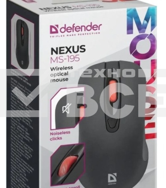 Мышь беспроводная Defender Nexus MS-195 черный, 1600 dpi, радиоканал, USB, кнопки - 4