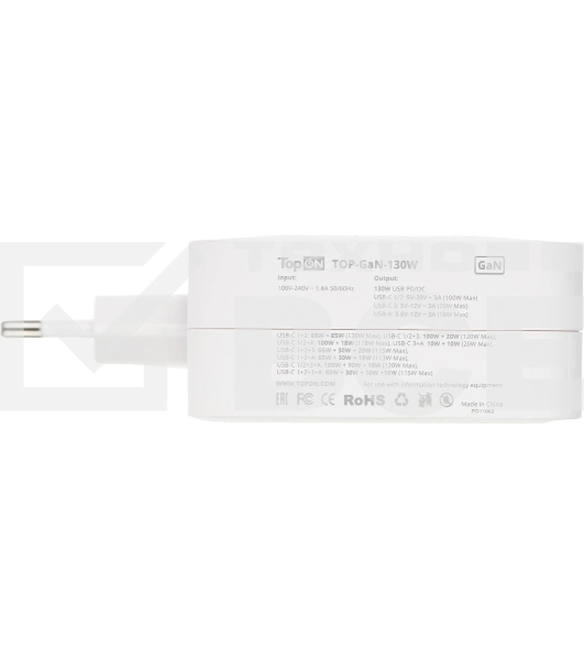 Сетевое зарядное устройство (адаптер питания) TopON GaN 130W 3xType-C, USB, Power Delivery, Quick Charge 4.0, белый TOP-GaN-130W
