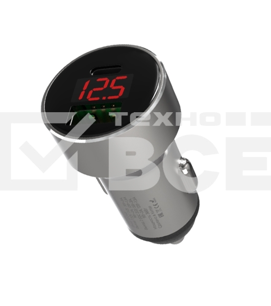 Автомобильное зарядное устройство Maxvi CCM-M602PD LED metallic silver 6A, 1xUSB, 1xType-C, QC3.0