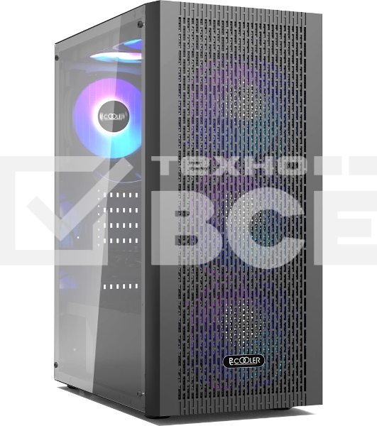 Корпус без блока питания PCCOOLER MA100 MESH BK, Mesh Mid Tower, черный, TG, 0.4 SPCC, 3x120мм ARGb ATX, mATX, mITX 160/310/180мм 2x2.5', 2x3.5', 7xPCI 1xUSB-A 3.0, 2xUSB-A 2.0 360x200x446mm