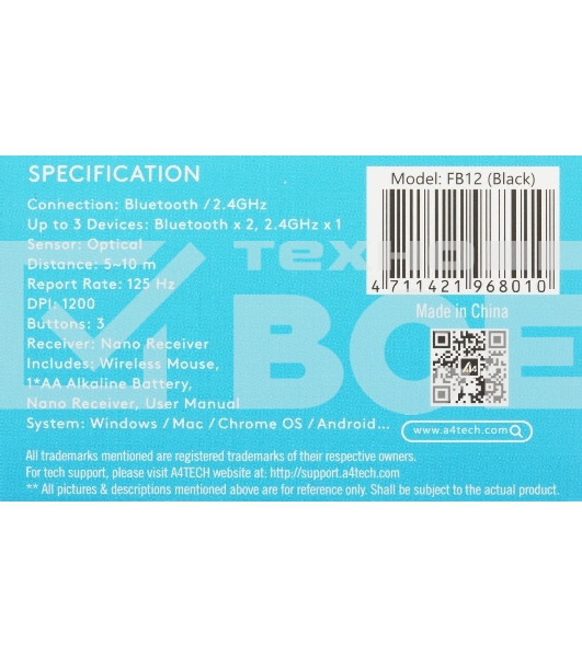 Мышь беспроводная A4Tech Fstyler FB12 черный, 1200 dpi, радиоканал, Bluetooth, USB, кнопки - 3