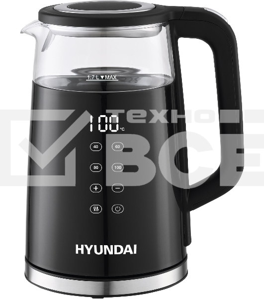 Чайник электрический Hyundai HYK-G6404 1.7л. 2200Вт черный/серебристый (корпус: стекло)