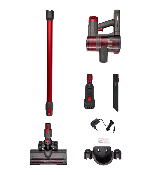 Пылесос вертикальный Bufett MVC 387A черный/красный, питание от аккумулятора, 250 Вт, уборка сухая, пылесборник 0.6 л