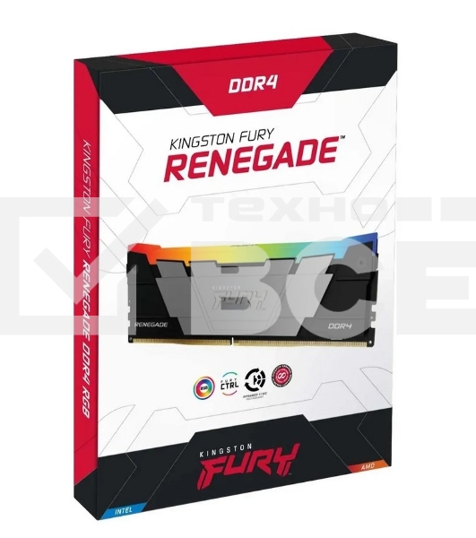 Оперативная память Kingston Fury Renegade, DDR4, 64GB (4x16GB), 3600MHz, CL16, с радиатором, RGB, серебристый/черный