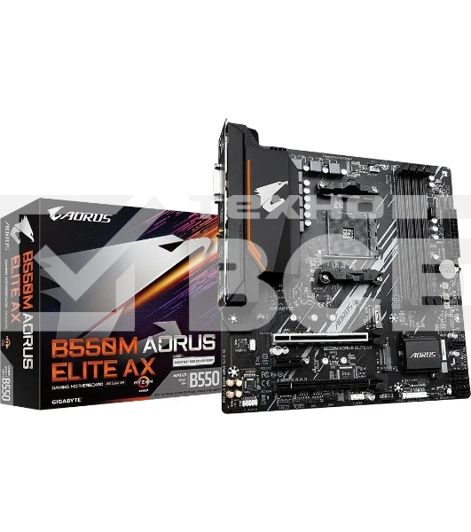 Материнская плата Gigabyte B550M AORUS ELITE AX, Socket AM4, AMD B550, 4xDDR4, 4xSATA, 2xM.2, 1xPCI-E 4.0 x16, 1xPCI-E 3.0 x4, 1xPCI-E x1, 1xDVI-D, 1xHDMI, 1x 1Gb LAN, 4xUSB-A 3.2 Gen 1, 4xUSB-A 2.0, 3x3.5 мм, 7.1, Micro-ATX