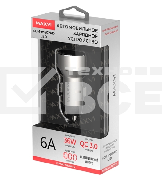 Автомобильное зарядное устройство Maxvi CCM-M602PD LED metallic silver 6A, 1xUSB, 1xType-C, QC3.0