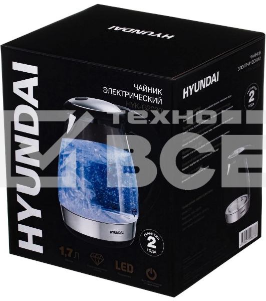 Чайник электрический Hyundai HYK-G2030 1.7 л, 2200 Вт, черный (корпус: стекло)