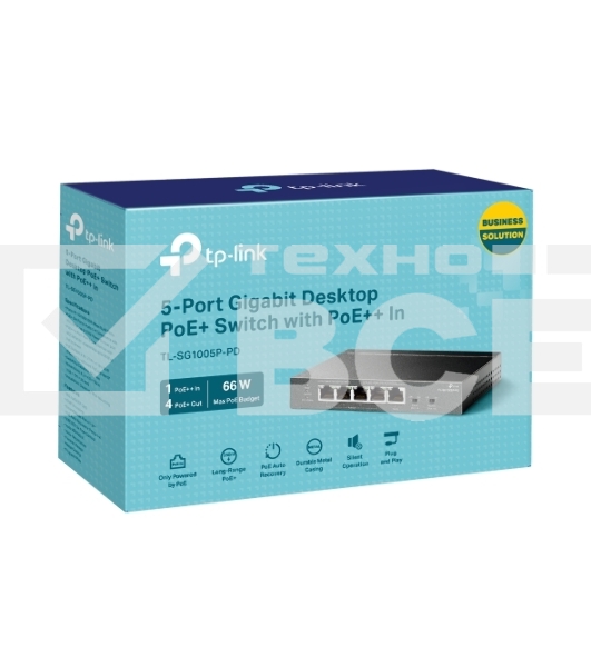Коммутатор настольный TP-Link TL-SG1005P-PD с 5 гиг. портами (1 порт с входящим PoE++, 4 порта с исходящим PoE+), бюджет PoE: 9, 21, 47 или 66 Вт (зависит от используемого стандарта входящего PoE)