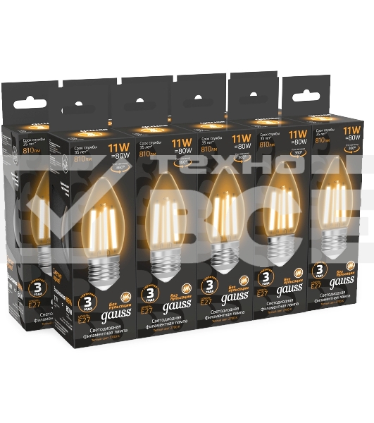 Лампа филам. Gauss Filament 11Вт цок.:E27 свеча св.свеч.белый теп. (упак.:10шт) (103802111)
