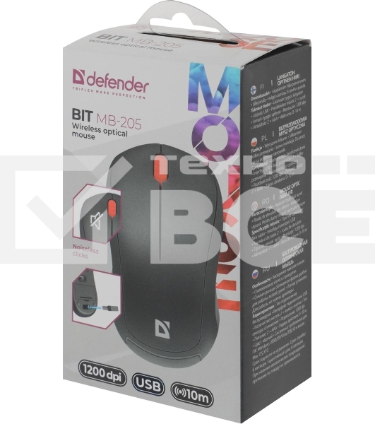 Мышь беспроводная Defender Bit MB-205 черный, 1200 dpi, радиоканал, USB, кнопки - 3