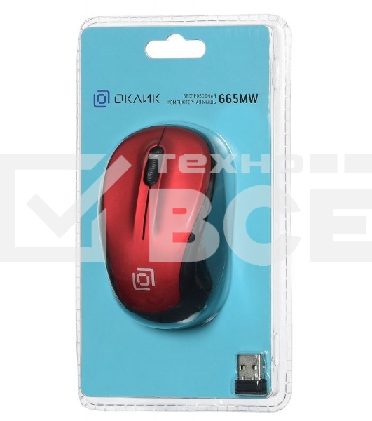 Мышь беспроводная Oklick 665MW черный/красный, 1000 dpi, радиоканал, USB, кнопки - 3