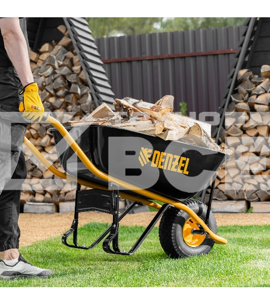 Тачка строительная Denzel усиленная, объем 130 л, 230 кг, колесо 15х6.00-6