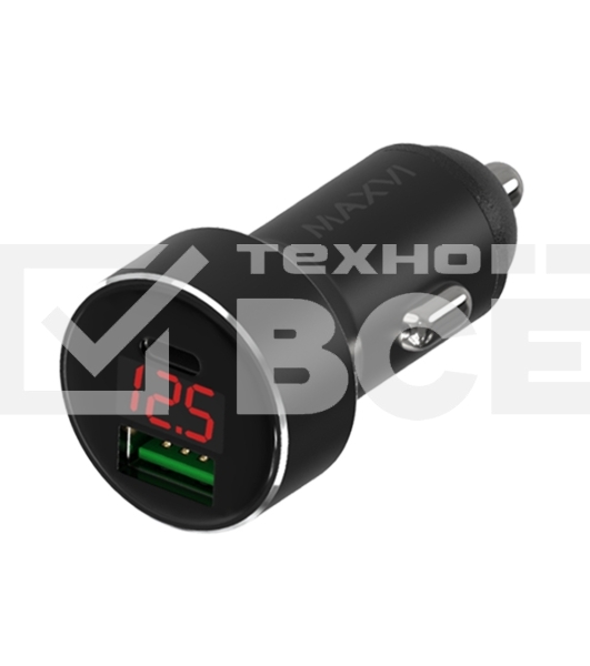 Автомобильное зарядное устройство Maxvi CCM-M602PD LED metallic черный 6A, 1xUSB, 1xType-C, QC3.0