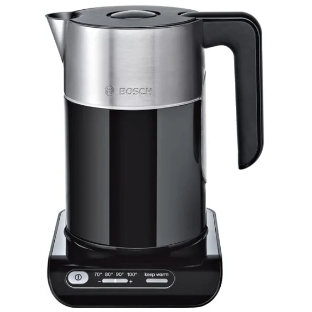 Электрочайник Bosch TWK8613P черный, 1.5 л, 2400 Вт, скрытый нагревательный элемент, поддержание температуры