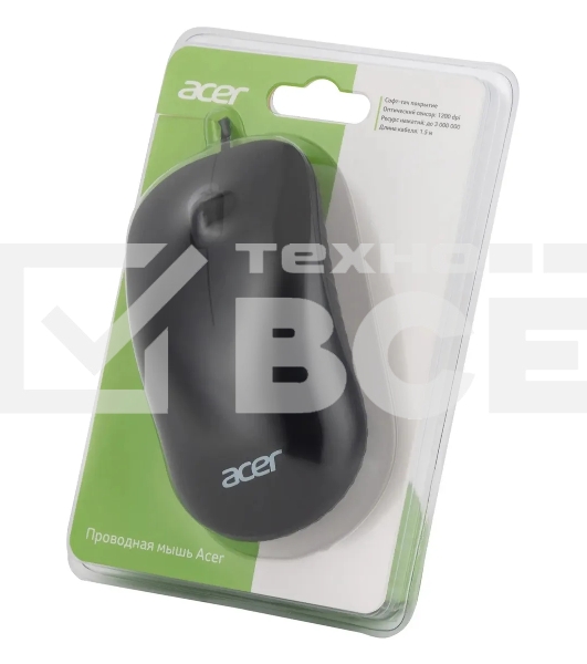 Мышь проводная Acer OMW122 черный, 1200 dpi, USB, кнопки - 3
