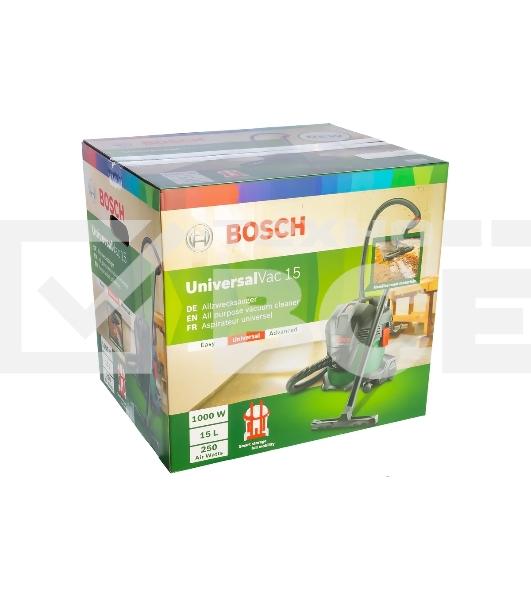 Строительный пылесос Bosch UniversalVac15 зеленый, 1000 Вт, уборка сухая/влажная, пылесборник контейнер, 15 л