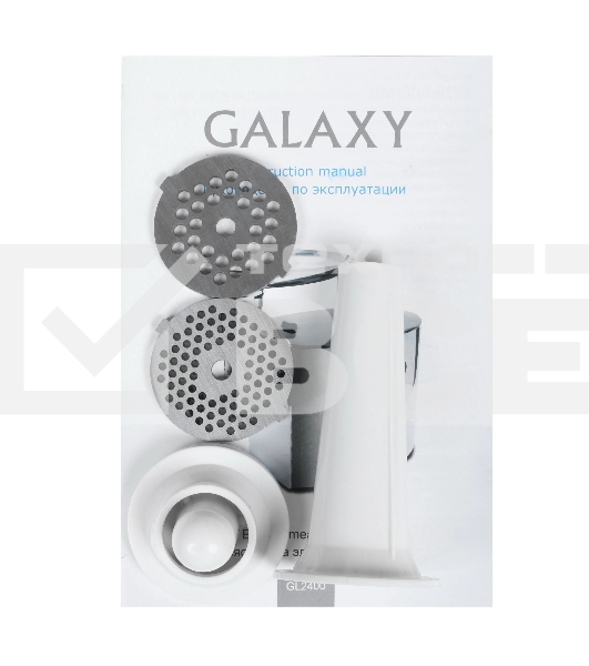 Мясорубка электрическая Galaxy Line GL 2400 серый, 1200 Вт, 1.3 кг/мин, реверс, защита от перегрузки, металлический лоток, насадки - 5